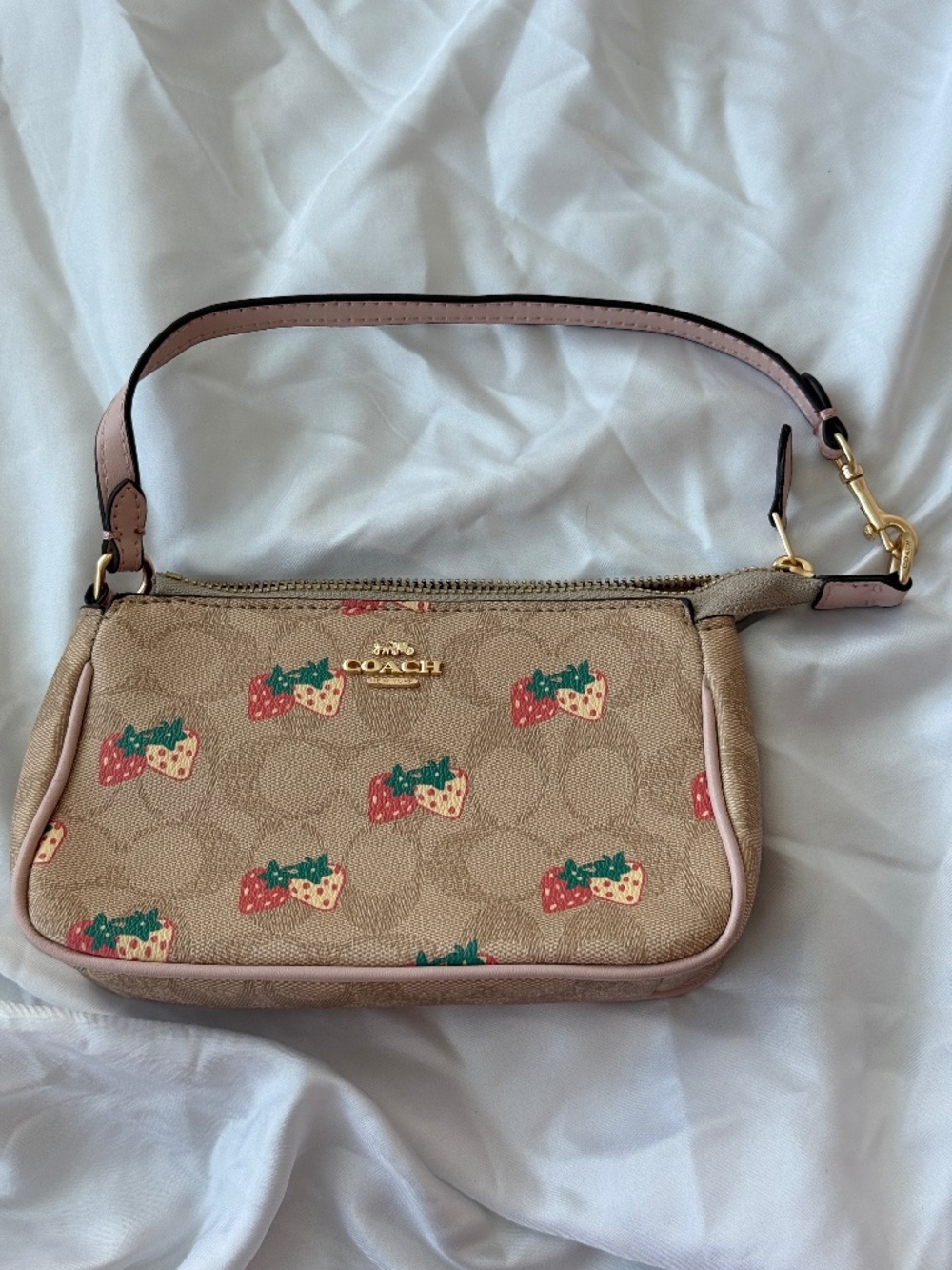 Coach Signature Strawberry Print Shoulder Bag Hobo Pink Tan Y2K